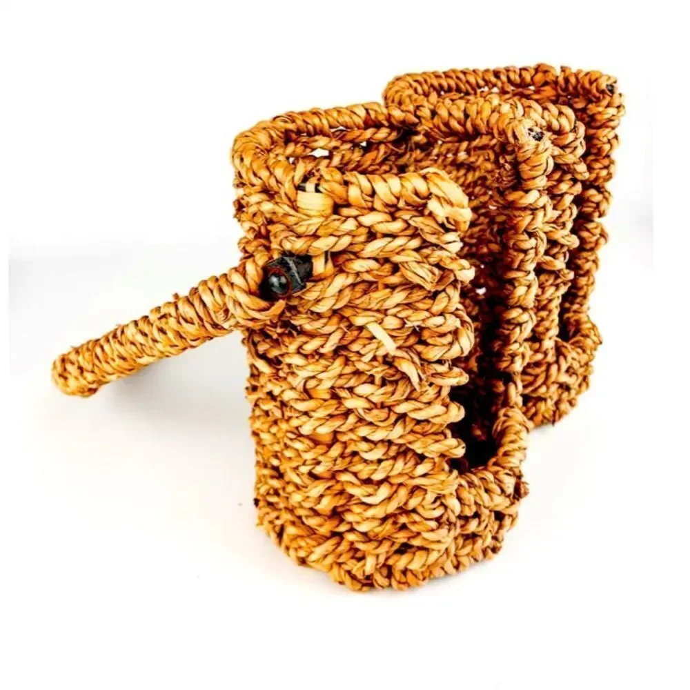 Vintage Double Wine Bottle Woven Wicker Tote with Rotating Handle 14x8